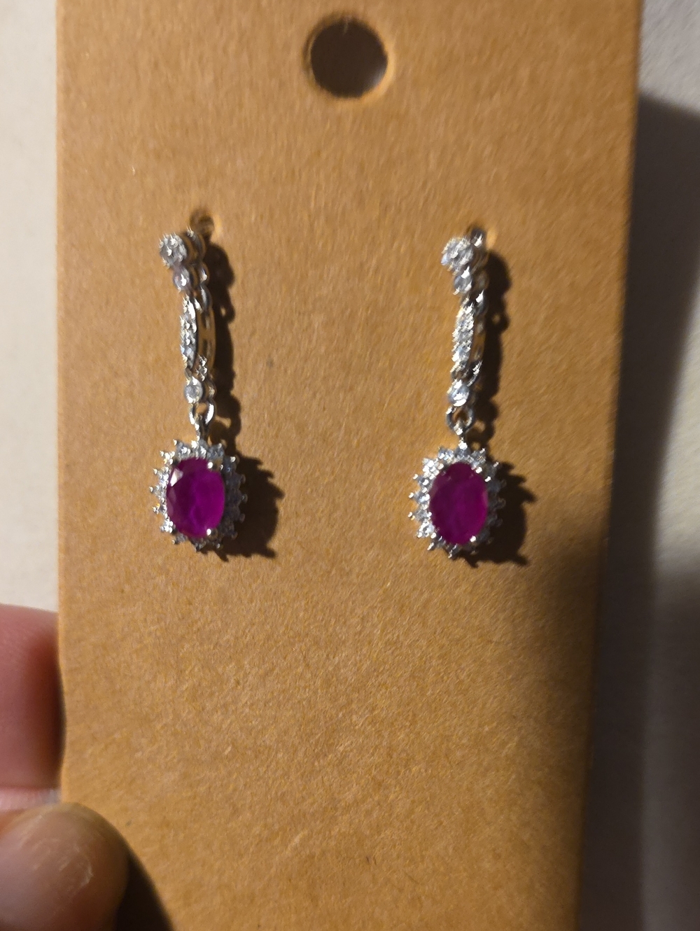 Silver Drop Earrings with Ruby Stone and Crystal Halo